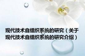 现代技术自组织系统的研究（关于现代技术自组织系统的研究介绍）