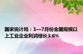 国家统计局：1—7月份全国规模以上工业企业利润增长3.6%