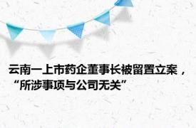 云南一上市药企董事长被留置立案，“所涉事项与公司无关”