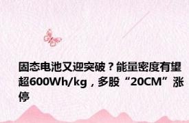 固态电池又迎突破？能量密度有望超600Wh/kg，多股“20CM”涨停